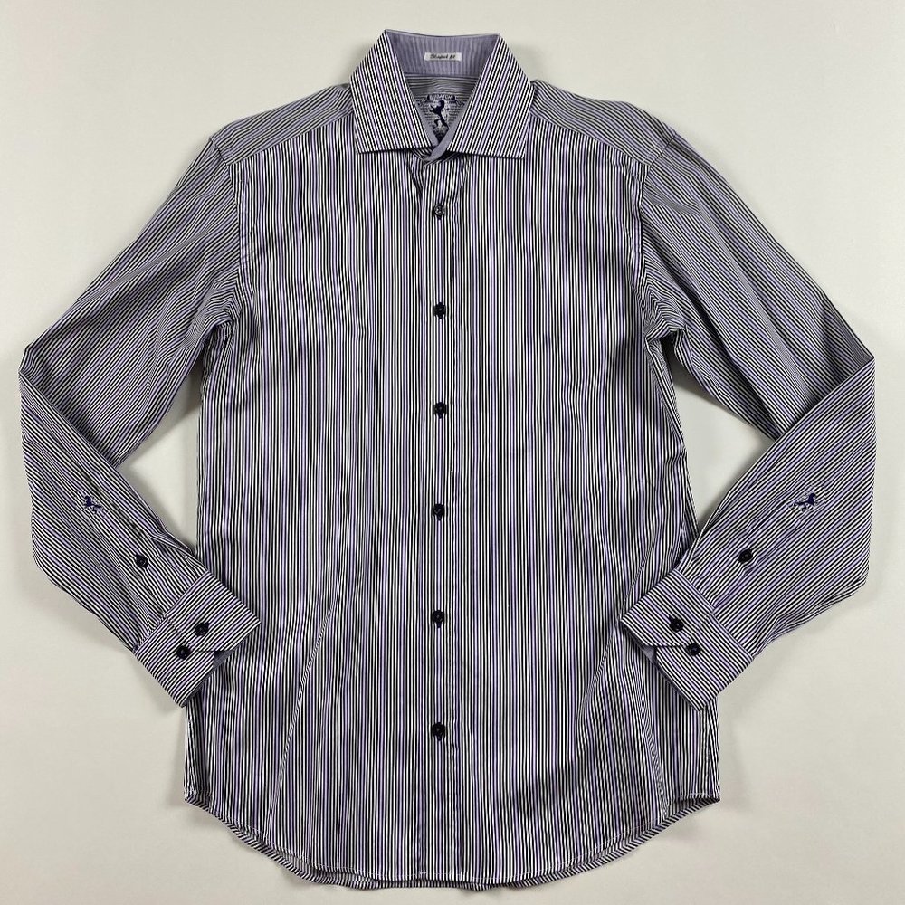 Bugatchi Shaped Fit Shirt Mens Small Purple White Stripe Cotton